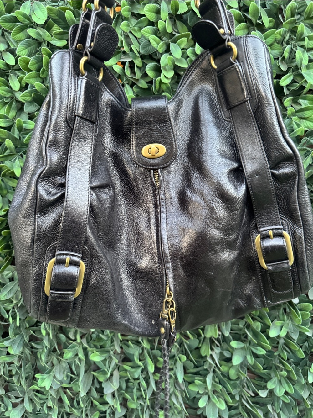 Hype Black Leather Shoulder Bag with Brass Accents